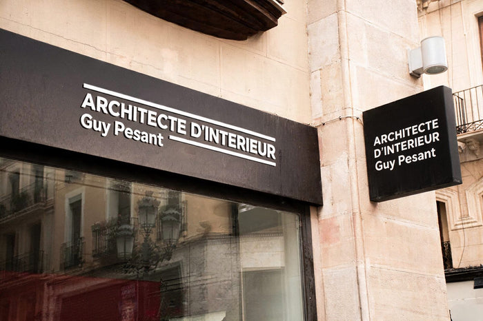 Enseigne architecte d'intérieur — caisson + drapeau