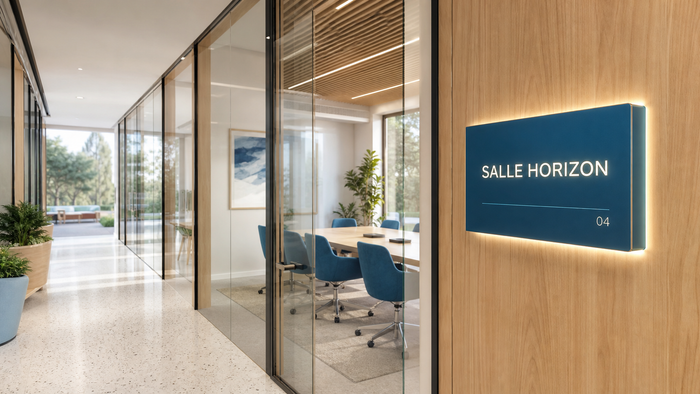 Enseigne à l'entrée de salle, côté couloir