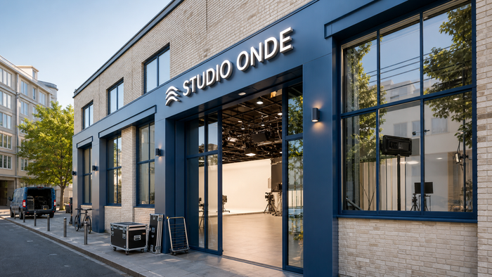 Enseigne en façade, à l'entrée du studio