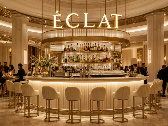 Lettres lumineuses au-dessus du bar central