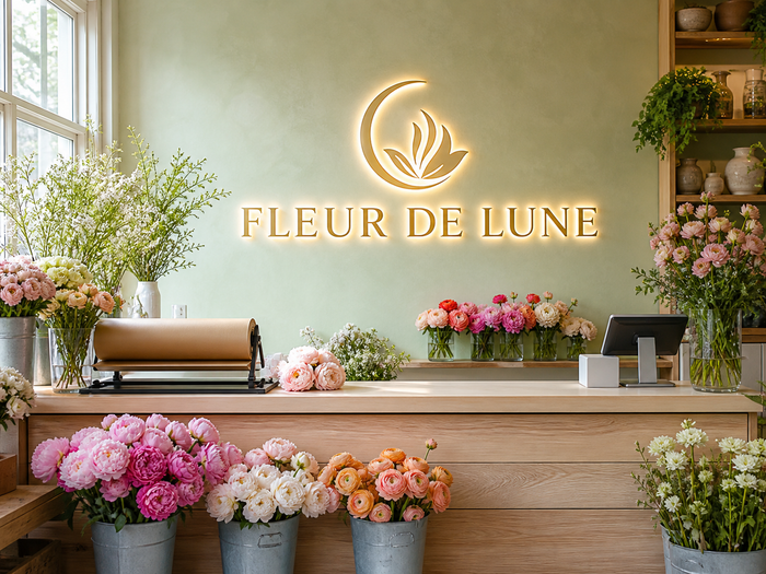 Logo lumineux derrière le comptoir