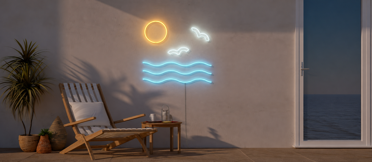 Néon LED Mer, Soleil & Oiseaux allumé