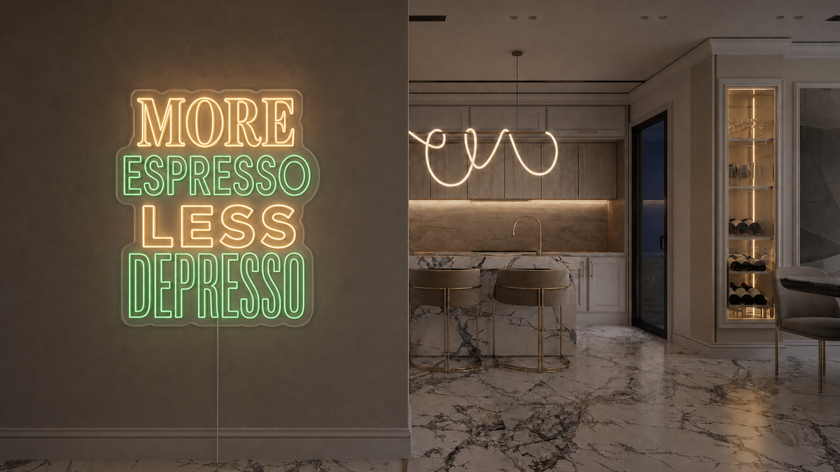 Néon LED More Espresso Less Depresso allumé